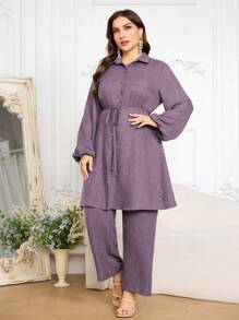 Lacomfia 2pcs Women Plus Size Casual Button-Decorated Waist Tie Long Sleeve Shirt And Pants Set Fall Cloth For Women - Dusty Purple - View 4