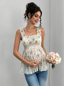 Momance Maternity Ruffle Edge Wide Strap Front & Back Gathered A-Line Sleeveless Camisole