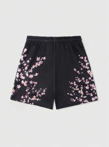 ROMWE MEN Street Life Men's Floral Drawstring Shorts, Fashionable For Summer - Black - View 2