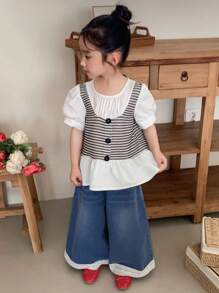 DAZY Blusa stile coreano per ragazze con maniche a sbuffo e balze, outfit estivi per ragazze