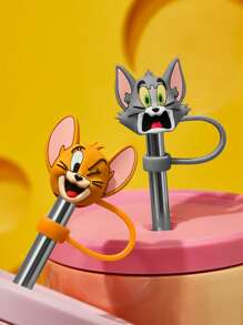 TOM & JERRY X SHEIN 2个可爱卡通吸管盖，适用于8-10毫米吸管，防尘可重复使用吸管盖