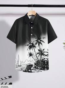 SHEIN Camisa hawaiana informal con estampado de plantas tropicales para chicos adolescentes, de tela suave, versátil y cómoda para la escuela, ir al trabajo, uso diario, vacaciones, deportes, primavera/verano - Multicolor - Ver 1