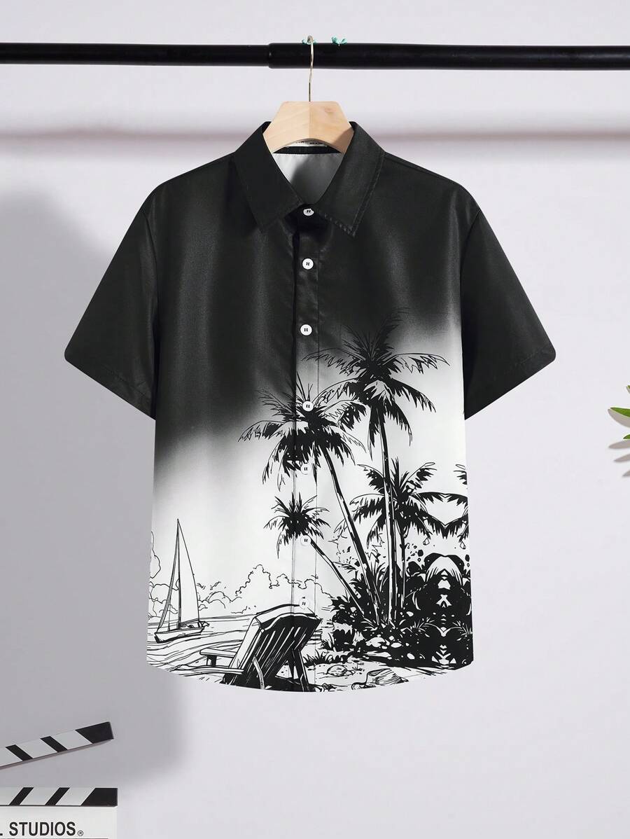 SHEIN Camisa hawaiana informal con estampado de plantas tropicales para chicos adolescentes, de tela suave, versátil y cómoda para la escuela, ir al trabajo, uso diario, vacaciones, deportes, primavera/verano - Multicolor - Ver 1