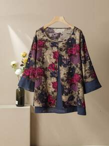 Lacomfia Damski luźny, swobodny, 2-częściowy komplet w stylu vintage z nadrukiem w kratkę, okrągły dekolt