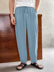 Manfinity ModaGents Pantalones rectos casuales con cintura ajustable con cordón para hombres