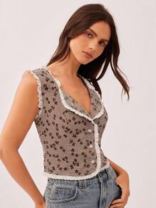 WESTFADE 乡村西部夏季倦怠花卉格子荷叶边纽扣前部宽松背心牛仔女郎牛仔竞技纳什维尔度假春夏海滩休闲 - 棕色 - 查看 4