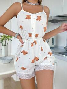 SHEIN 星月熊印花蕾丝边V领连体睡衣 - 米色 - 查看 3