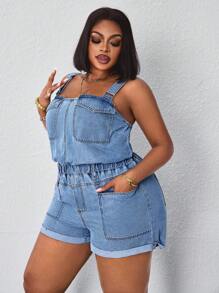 SHEIN SXY Women's Summer Multi-Pocket Washed Denim Jumpsuit