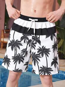 SHEIN 儿童青少年男孩休闲日常百搭舒适椰子树印花宽松梭织沙滩短裤和泳装 - 黑與白 - 查看 6