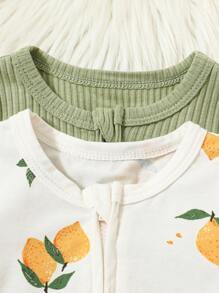 SHEIN 新生女婴两件套可爱草莓印花舒适圆领长袖拉链连体睡衣 - 綠色 - 查看 4