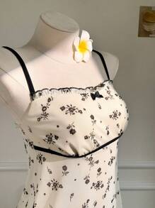 CovetEZ 女士花卉印花蝴蝶结装饰撞色滚边吊带背心 - 黑與白 - 查看 7