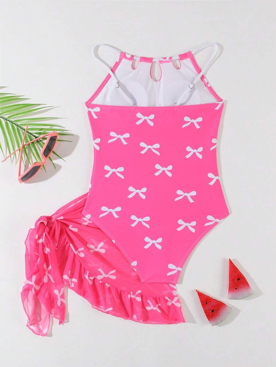 Conjunto informal de 2 piezas de traje de baño de una sola pieza para niña preadolescente con estampado de mariposa conectado con malla - Rosa - Ver 1