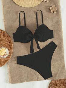SHEIN Swim 2pcs Springbreak Women Solid Color Padded Texture Bowknot Shoulder Strap Bikini Set, Summer Beach - Black - View 4