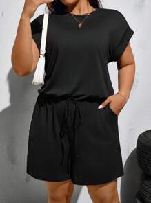 SHEIN Tall Tutina corta senza maniche con cintura in vita, collo rotondo e fiocco, adatta per donna taglia forte, primavera ed estate