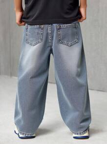 Young Boy Distressed Street Style Star Patchwork Loose Fit Blue Denim Jeans For Kids Clothes Boys Costume Dailywear Streetwear Outfits And Kids Four Seasons Clothes Back To School Clothes - Light Wash - View 7