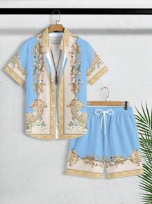 Manfinity KASUA Conjunto de camisa y pantalones cortos estampados vintage para hombre, conjunto informal de 2 piezas para verano, ropa de playa para hombres