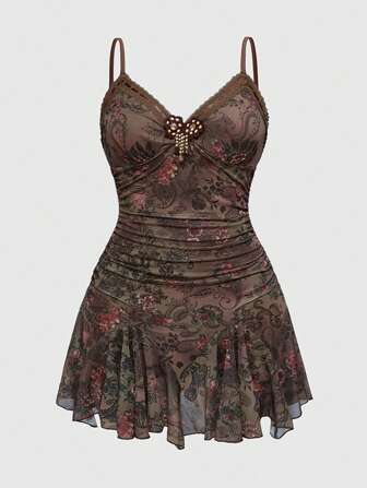 Hippie Plus Size Women Vintage Hippie Ruffled Strap Lace Paisley Print Mini Dress