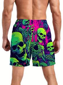 Surfspeed 骷髅印花抽绳腰带口袋沙滩短裤，适合夏季，图案短裤，可爱休闲户外沙滩短裤