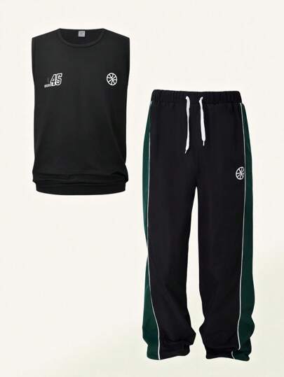 SHEIN Explorewe 2pcs/Set Teenage Boys' Basketball Jersey With Number Print And Casual Sports Pants, Summer New Arrival