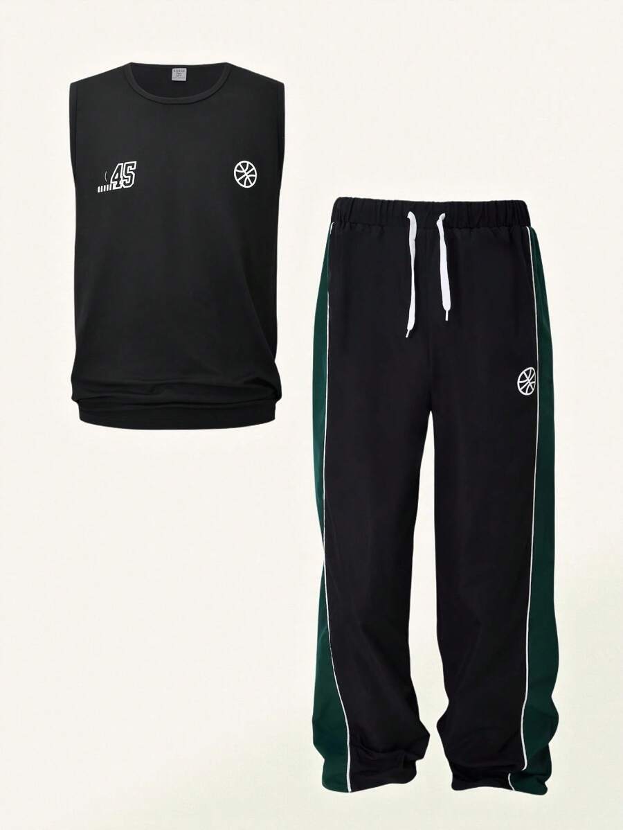 SHEIN Explorewe 2pcs/Set Teenage Boys' Basketball Jersey With Number Print And Casual Sports Pants, Summer New Arrival - Black - View 1
