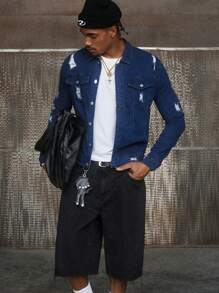 Manfinity BRENVOR 男士牛仔夹克，休闲时尚，适合日常穿着 - 藍色 - 查看 4