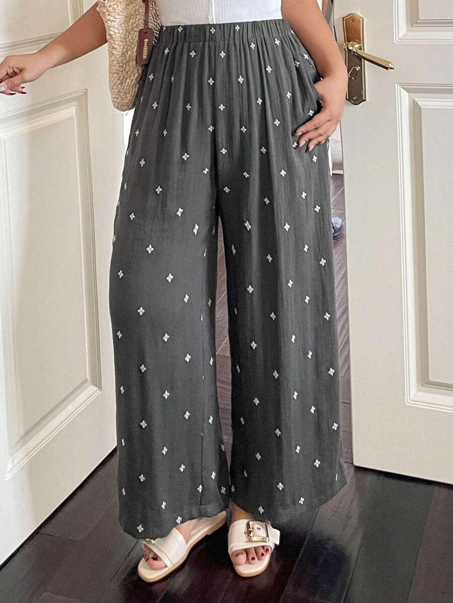 Dazy Plus Elastic Waist Floral Embroidery Wide Leg Loose Casual Long Pants - Grey - View 1