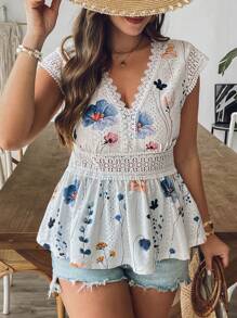 SHEIN VCAY 大码女式花卉印花蕾丝拼接蝙蝠袖时尚T恤