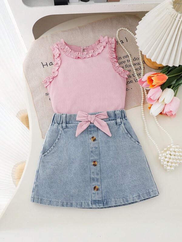 Girls (Small Size) Sleeveless Casual T-Shirt & Cute Bowknot Denim Skirt Outfit Set Young Girls Denim Sets Girls Skirt Set Young Girls Sets Jean Skirt Set Girls T Shirt Skirt Set Idyllic Girl Skirt Sets