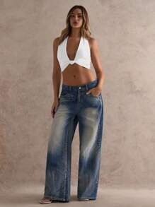 Glamine Áo hở lưng cổ chữ V nhún bèo màu trắng gợi cảm, Áo hẹn hò, Áo mùa hè, Áo đi biển cho nữ, Áo crop top trắng cho nữ, Áo xoắn phía trước, Áo cổ chữ V sâu - trắng - Xem 7