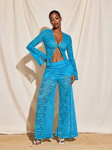 VIOLA AND VESPER 海蓝色透明蓝色蕾丝重叠喇叭长裤配内裤 - 藍色 - 查看 6