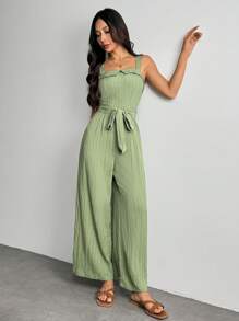 SHEIN PETITE Bộ đồ liền thân ống rộng buộc eo màu trơn dành cho nữ, Trang phục mùa hè, Kỳ nghỉ, Xanh lá cây xô thơm, Bộ đồ liền thân có cổ bẻ và thắt eo. Quần ống rộng - màu xanh lá - Xem 5