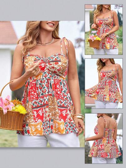 KURAYIA Plus Size Women Summer Sweet Hot Girl Ditsy Floral Sexy Backless Casual New Colorful Dopamine Tank Top, V-Neck Slimming Beach Vacation Camisole