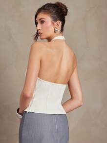 L'Amorae Blusa de verano de mujer de unicolor con pliegues y cruce en el cuello halter