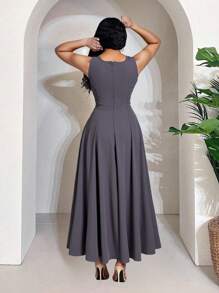 Maweii Damen Große Größen sexy elegantes Pendelkleid mit Metallschnalle und Ausschnitt an der Taille - Grau - Übersicht 2