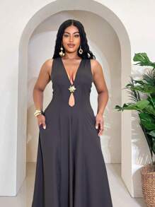 Maweii Damen Große Größen sexy elegantes Pendelkleid mit Metallschnalle und Ausschnitt an der Taille - Grau - Übersicht 5