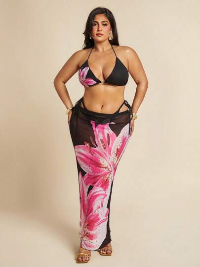 SHEIN BAE Plus Size Women's Black Floral Print Sexy Sheer Bikini 3 Pieces Set, Beach Resort, Beach Party, Swimwear, Swimwear