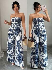 Elenzga 女式印花抹胸连体衣，收腰阔腿，优雅度假、工作、日常穿着