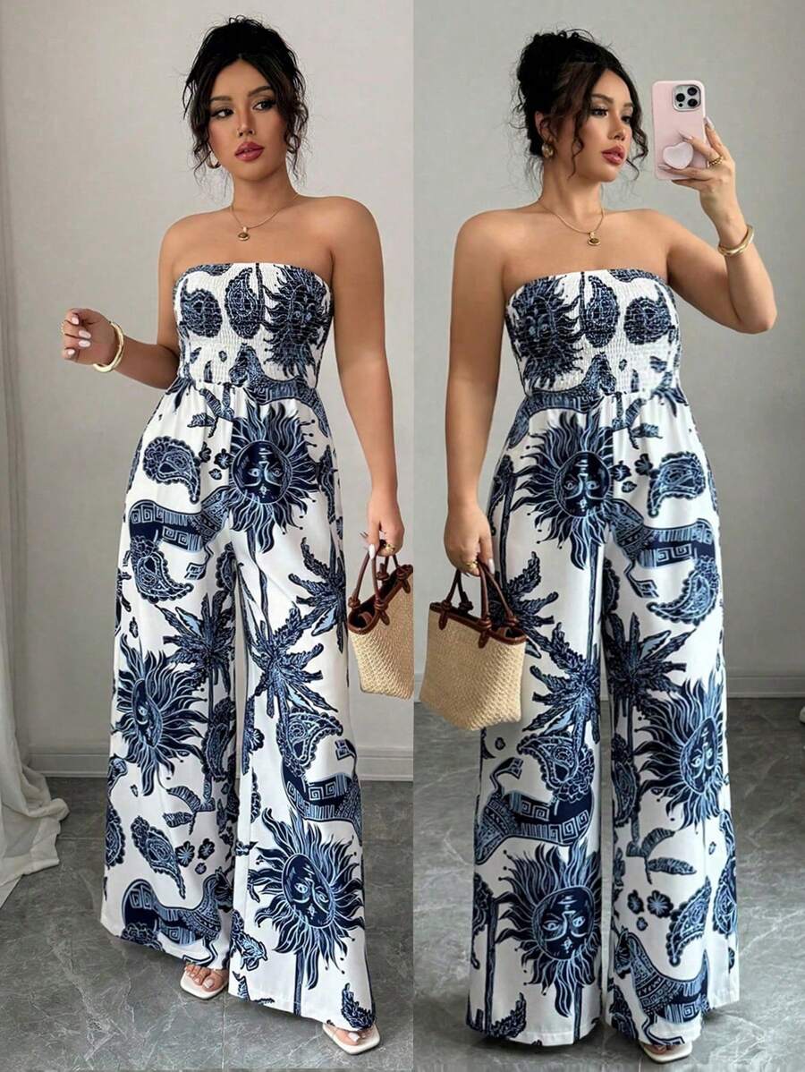 Elenzga Women's Printed Bandeau Romper With Cinched Waist Waist And Wide Leg, Elegant For Vacation, Work, Everyday Wear - Multicolor - View 1