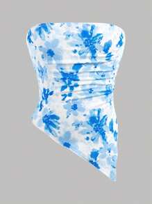 Girlism 女童花卉印花紧身胸衣短款上衣，带褶边和多层可爱迷你裙，两件套 - 淺藍色 - 查看 6