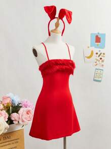 SHEIN 2 Pieces Set: Faux Fur Patchwork Slip Dress With Sheer Lingerie Set, For Teen Girls - Red - View 4