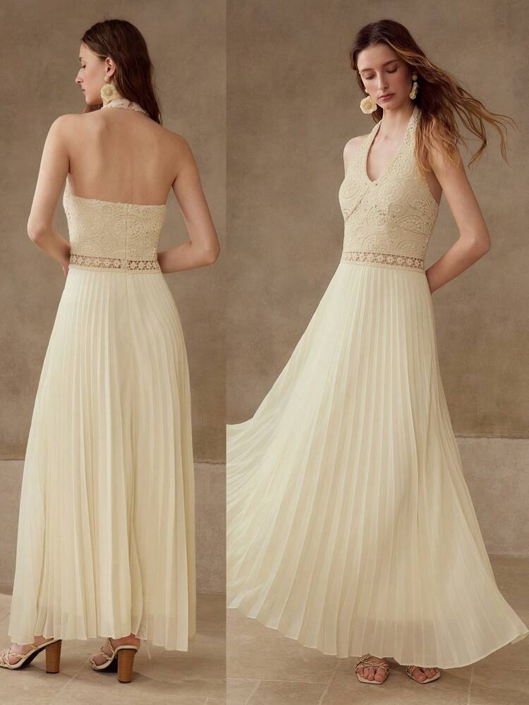CONTRAST CROCHET PLEATED DRESS