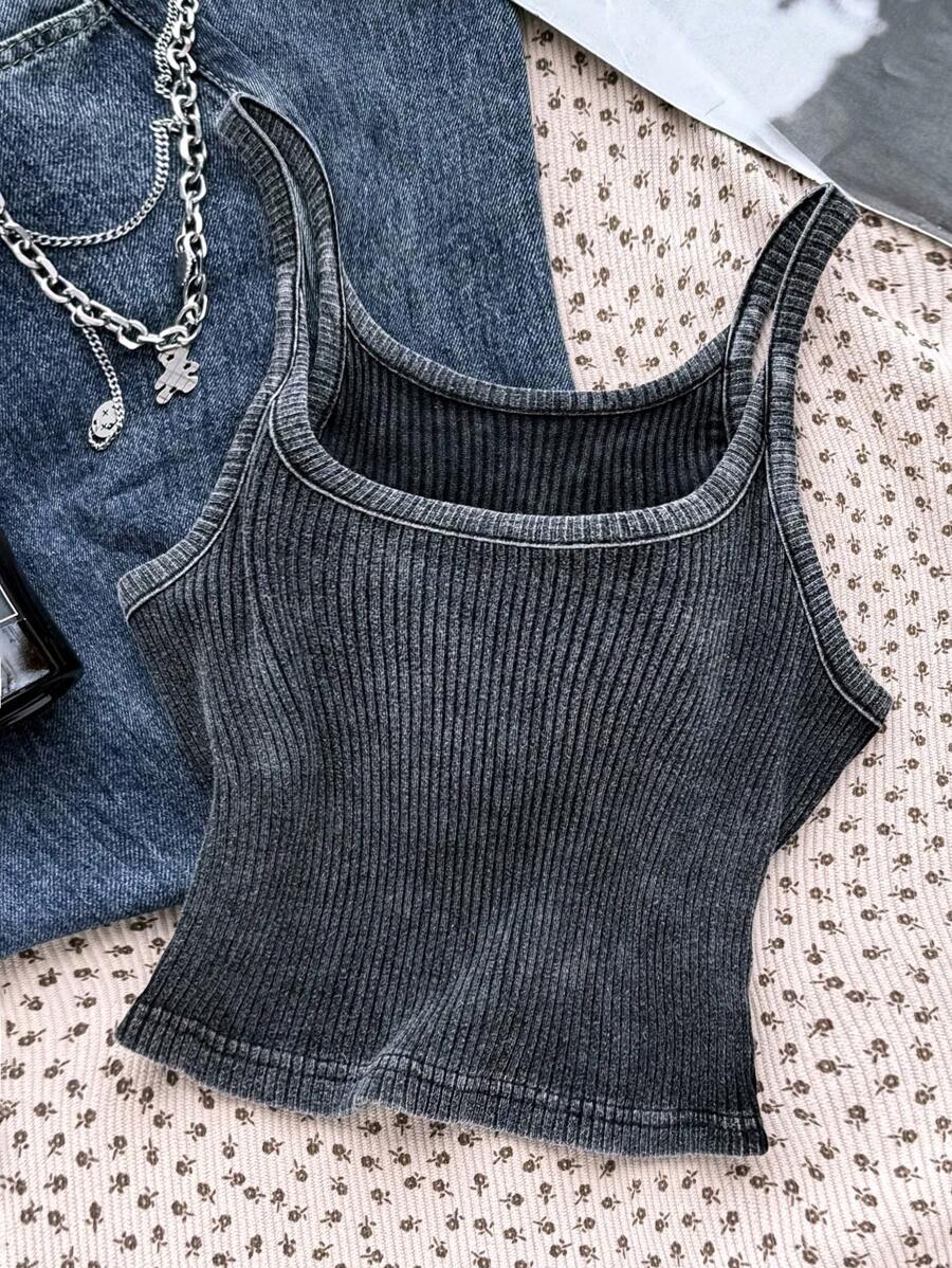 SHEIN 女童背心和吊带背心，夏季街头休闲棉质修身背心 - 灰色 - 查看 1