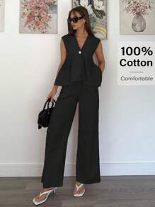 Siren Gaze Set de 2 piezas de ropa de verano informal de mujer con top de tirantes y pantalones de unicolor, conjunto de 2 piezas de algodón, conjunto informal de mujer, ropa de mujer de 2 piezas, conjunto de 2 piezas para mujer