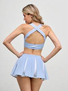 Bộ 2 món áo ba lỗ thể thao thường ngày cho nữ và váy ngắn - Màu xanh lam - Xem 1