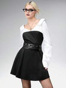 Goth 女式性感深V领拼布衬衫裙 - 黑色 - 查看 1