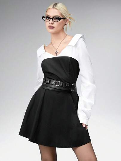 Goth Women's Sexy Deep V-Neck Patchwork Shirt Dress