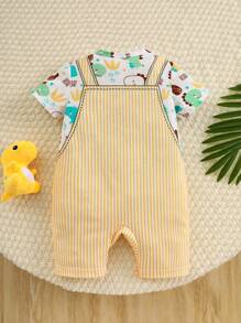 SHEIN Playful Pals 男宝宝可爱动物派对插画连体裤，舒适柔软，适合日常外出和节日礼物 - 黃色 - 查看 2