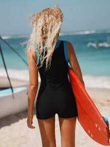 Swim SPRTY Traje de baño de una pieza para mujer, nuevo diseño de verano, con cierre delantero con cremallera, unicolor y sin mangas, con diseño decorativo de corte lateral, apto para deportes y surf - Multicolor - Ver 3