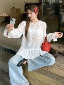 DAZY 女士韩版波点休闲长袖T恤，夏季 - 白色 - 查看 3