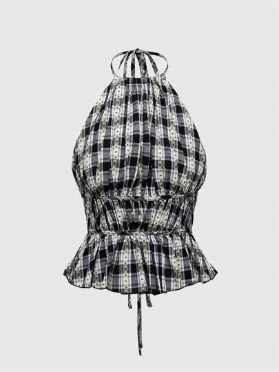 ROMWE Avant Camisola casual de mujer con cuello halter, estampado de cuadros y dobladillo con volantes